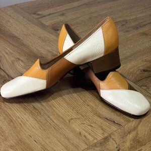 Naturalizer Two-Tone Cream and Tan Leather Block Heel Pumps
